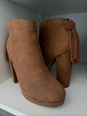 Call It Spring Tan Suede Tassel Platform Ankle Boots